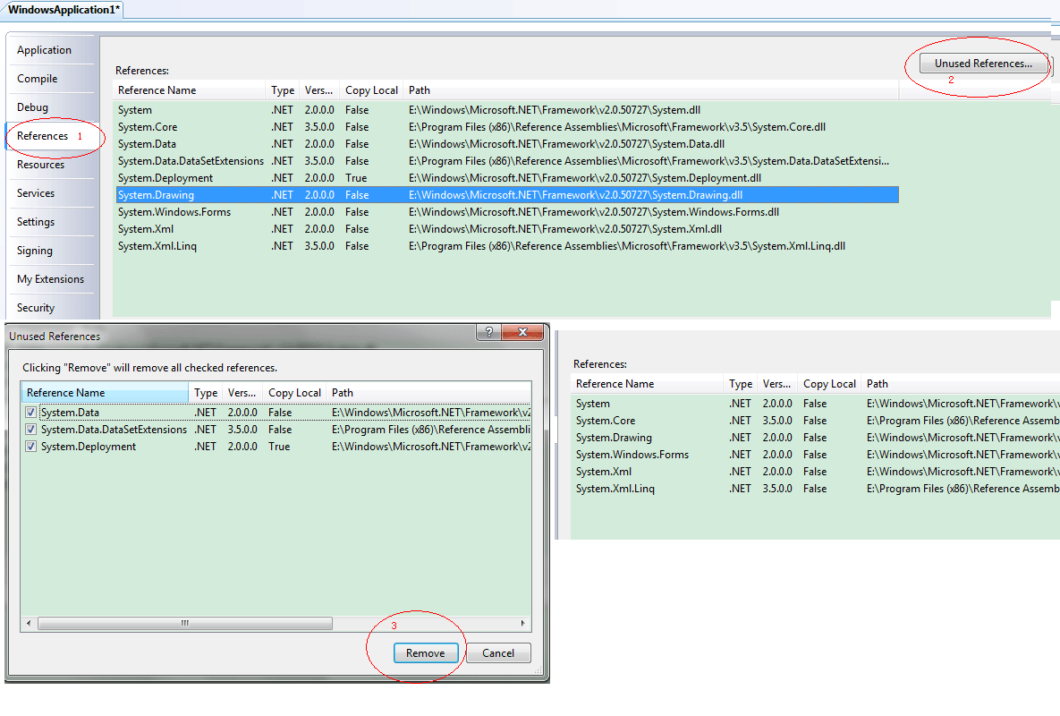 VB2008 移除未被使用的引用库。